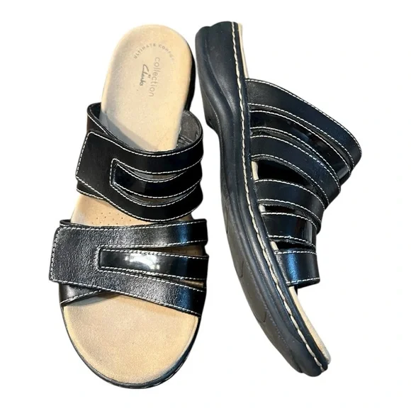 Clarks Black Leather Ultimate Comfort Slide Sandals Size 8.5W - Picture 3 of 9